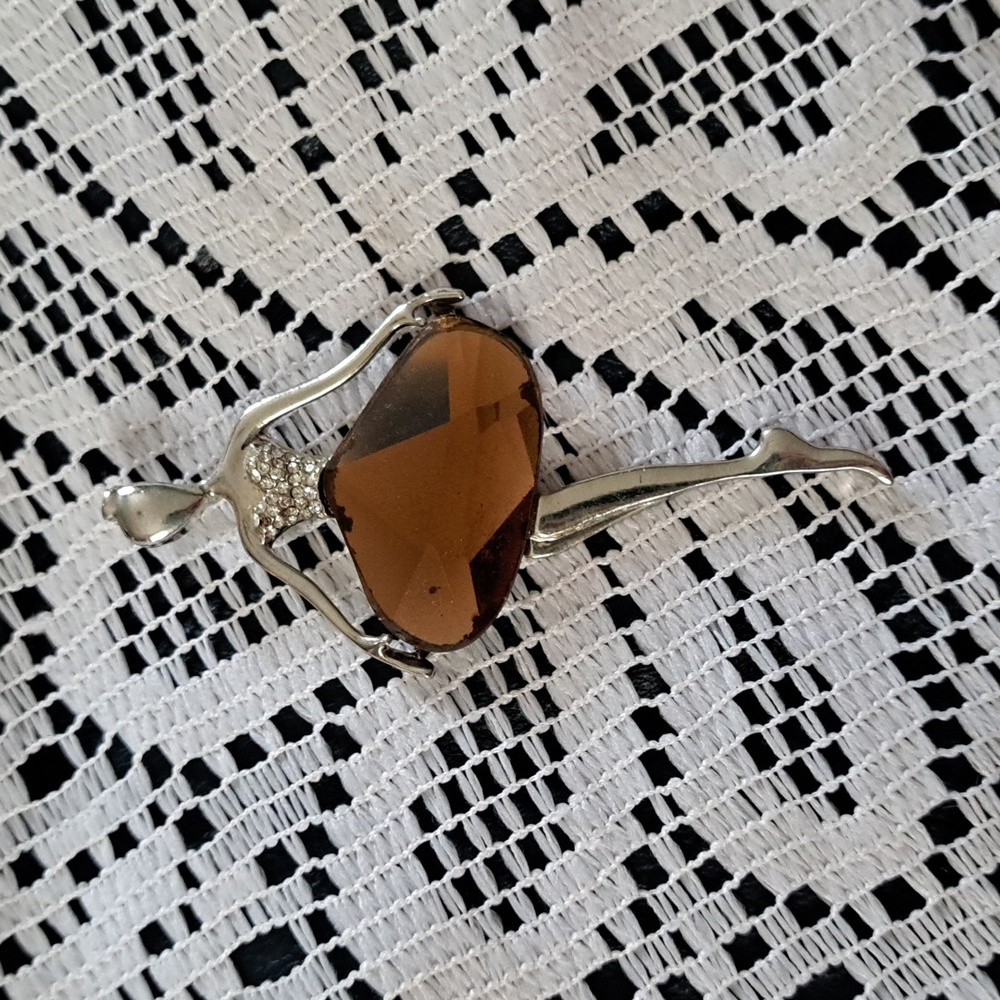 Ballerina Dancer Pendant Ballet Silver Tone And Smokey Brown Skirt  Rhinestone